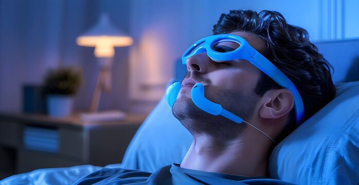 A man is wearing blue goggles and is sleeping