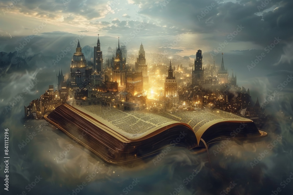 Canvas Prints a city is shown in the middle of a book, with a large open book on top of it