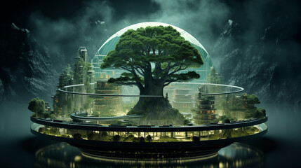Obraz premium nature and future city in a closed glass bowl