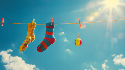 Colorful socks  drying on a clothesline against blue sky at sunny day
