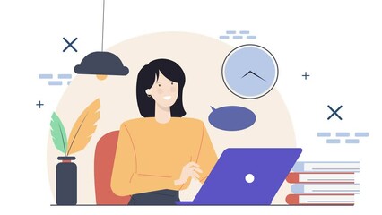 business animated illustration video with office room interior and a woman working