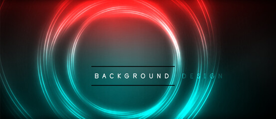 Neon glowing circle rays, light round lines in the dark, planet style neon wave lines. Energetic electric concept design for wallpaper, banner, background