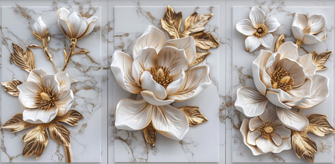 3D wallpaper with golden flowers, magnolia and leaves on a marble background. Luxury wall art design in white color with decorative elements