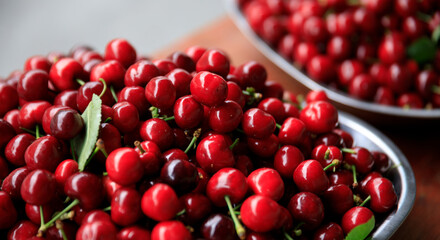 Fresh red cherry fruits in a container