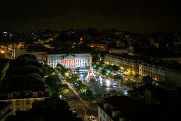 Fototapeta premium Night View of Rossio Square and National Theatre from Santa Justa Elevator - Lisbon, Portugal
