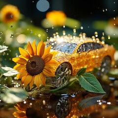 close-up portrait of beautiful sunflowers with miniature cars and splashing water droplets