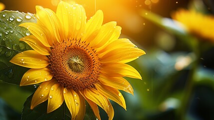 close-up portrait of beautiful sunflower with splash of fresh water droplets
