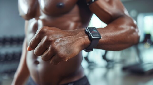 A close-up of a muscular mans arm with a fitness tracker on his wrist. He is in a gym, likely during a workout.