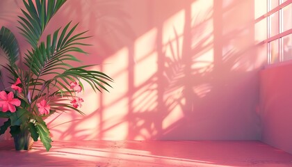 A pink room with a plant and a window. Pink studio background for product presentation