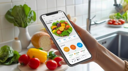A person is using a smartphone app to track their food intake and nutrition while preparing a meal in a kitchen.