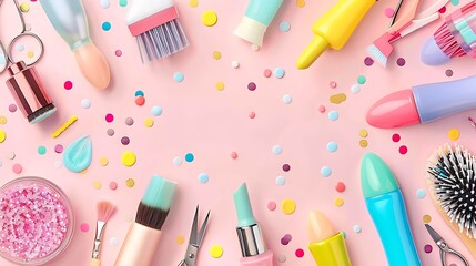 Sleek Minimalistic Background of Manicure Shop with Flying Nail Files, Gel Polish, Scissors, and Flashes for Website