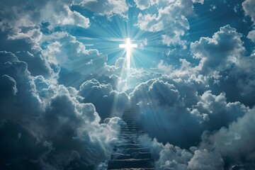 Heavenly staircase leading to a bright cross in the sky. Mystical and religious digital art, ideal for spiritual concepts. Serene heavenly light breaking through clouds. Generative AI