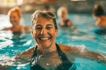 Fototapeta premium Active mature women enjoying aqua gym class in a pool, healthy retired lifestyle with seniors doing aqua fit sport