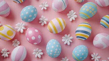 Top down view of colorful Easter eggs on a background