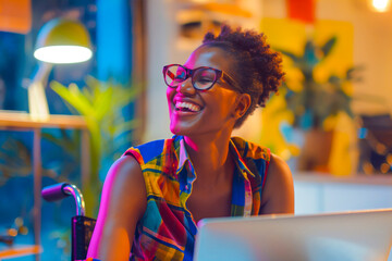 African American businesswoman in a wheelchair laughs while working on her laptop in a creative office space, embodying success and accessibility