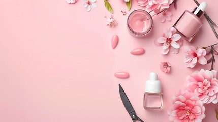 Sleek Minimalistic Background for Manicure Shop Featuring Flying Nail Files, Gel Polish, Scissors, and Flashes Website