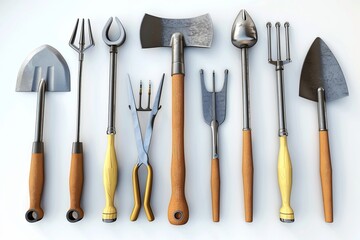 Vintage Garden Tools Collection on White Background. Rustic set of gardening tools. Conceptual still life image perfect for garden enthusiasts and historical themes. Minimalistic style. Generative AI