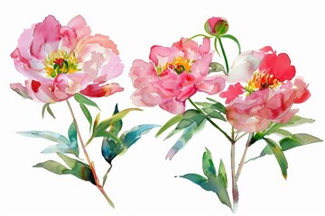 Fototapeta premium Three pink peonies with green leaves displayed on a plain white surface