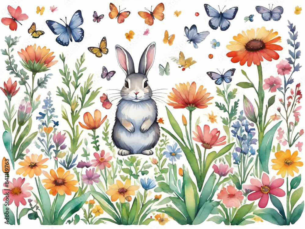 Wall mural Watercolor art of a cute rabbit in a flower garden.