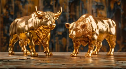 Stylized golden bull and bear statues, symbols of market trends, surreal