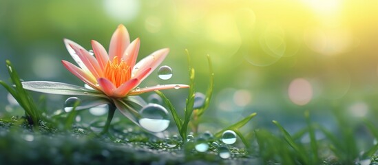 portrait of pink lily flower with fresh water drops in the morning
