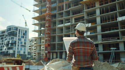 Engineer with Architectural Plans on Active Construction Site