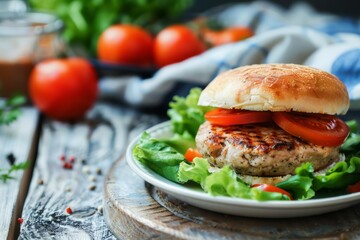 Celebrating National Turkey Lovers Day: Hearty Turkey Burger on Rustic Wooden Table, Fresh Lettuce...