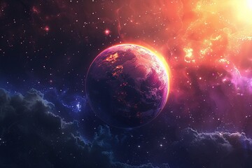 Colorful cosmic scene with a planet surrounded by stars and glowing nebula. Vibrant space artwork with a mixture of dark and bright hues. Stunning digital illustration perfect for sci-fi and fantasy