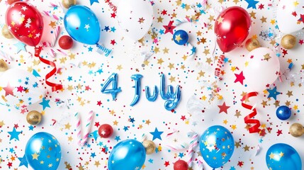 Festive 4th of July celebration scene with colorful balloons, confetti, and stars, representing American Independence Day festivities.