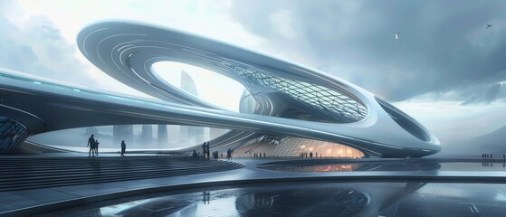 Fototapeta premium Futuristic architecture with modern, sleek designs featuring curved structures and a reflective surface, set against a cloudy sky.