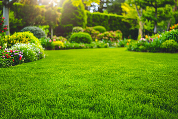 Beautiful manicured lawn and flowerbed with deciduous shrubs on plot or Park outdoor. Green lawn closely mowed as grass background.