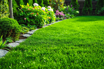 Beautiful manicured lawn and flowerbed with deciduous shrubs on plot or Park outdoor. Green lawn closely mowed as grass background.