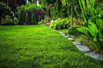 Obraz premium Beautiful manicured lawn and flowerbed with deciduous shrubs on plot or Park outdoor. Green lawn closely mowed as grass background.