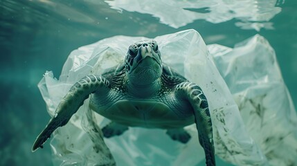 Naklejka premium Documentary-style photo of a sea turtle struggling in a white plastic bag as it swims in the ocean