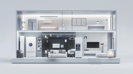 Modern smart home interior with innovative appliances and sleek design, showcasing an integrated and connected living space.