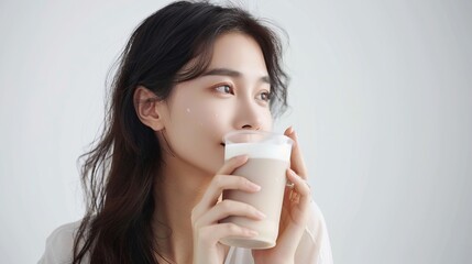 an Asian woman drinking ice milk tea, set against a solid white background