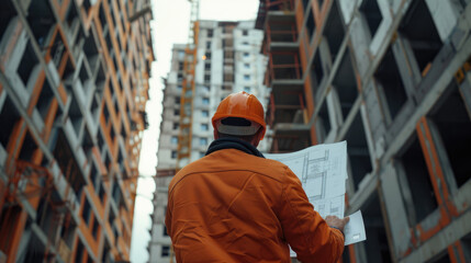 Engineer with Architectural Plans on Active Construction Site