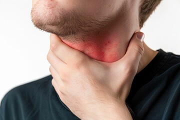 Fototapeta premium Unhappy man with red rash on his neck experiencing pain and discomfort, medical concept of skin irritation and inflammation
