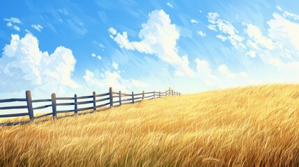 Obraz premium Scenic rural landscape with golden fields, blue sky, and clouds. A rustic wooden fence stretches across the horizon.