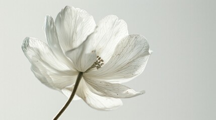 Fototapeta premium A white flower isolated against a white background, captured in a close-up macro photograph with soft studio lighting