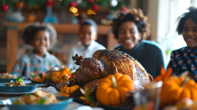 Mixed-Race Family Enjoying a Festive Holiday Dinner with Roasted Turkey and Colorful Side Dishes