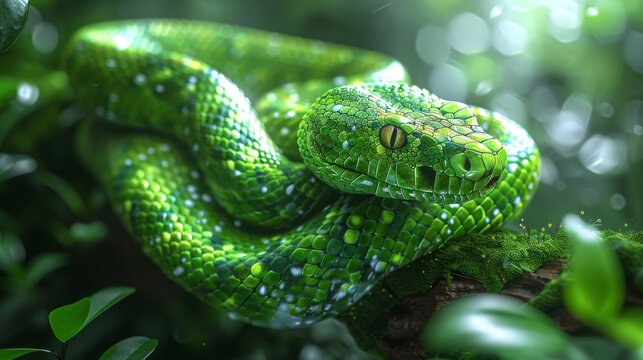 Green tree python lurking in jungle