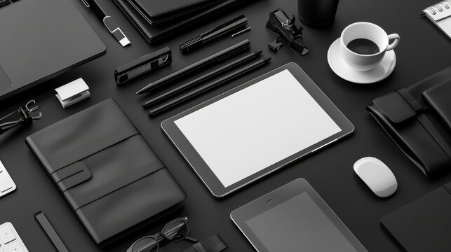Top view of modern office desk setup with tablet, laptop, coffee, and office supplies in a sleek, black arrangement.