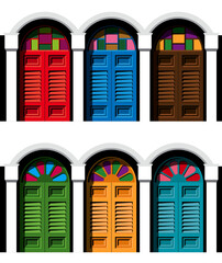 Colorful historical colonial style double storey shop house's windows. With high contrast lighting effect.  Vector.