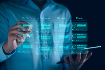 Project plan and manage concept. Project manager update tasks and milestones progress plan schedule interface program. Digital business project timeline manage. Business planning software technology