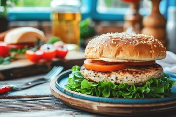 Celebrating National Turkey Lovers Day: Gourmet Turkey Burger with Fresh Vegetables Served on a Rustic Wooden Table
