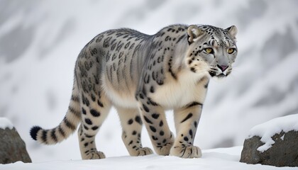 Fototapeta premium A snow leopard walking through the snowy mountains, its grey and white spotted fur blending in with the winter landscape. The leopard has piercing yellow eyes and a focused expression as it navigates 