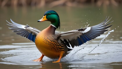 Obraz premium A colorful duck with its wings spread out, standing in shallow water and splashing