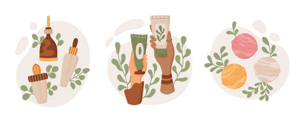 Colorful isolated hand holds cosmetic cream jar, minimal cleansing hygiene product pack, eco antiaging skin care shampoo bottle, natural moisturizing beauty oil tube, vector illustration.