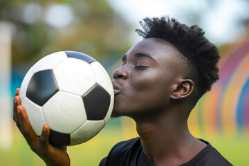 Black African young man in love with football sport kissing a soccer ball
